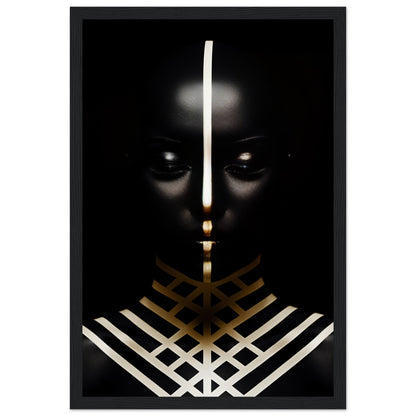 Dark silhouette with glowing eyes and geometric patterns in gold and white.