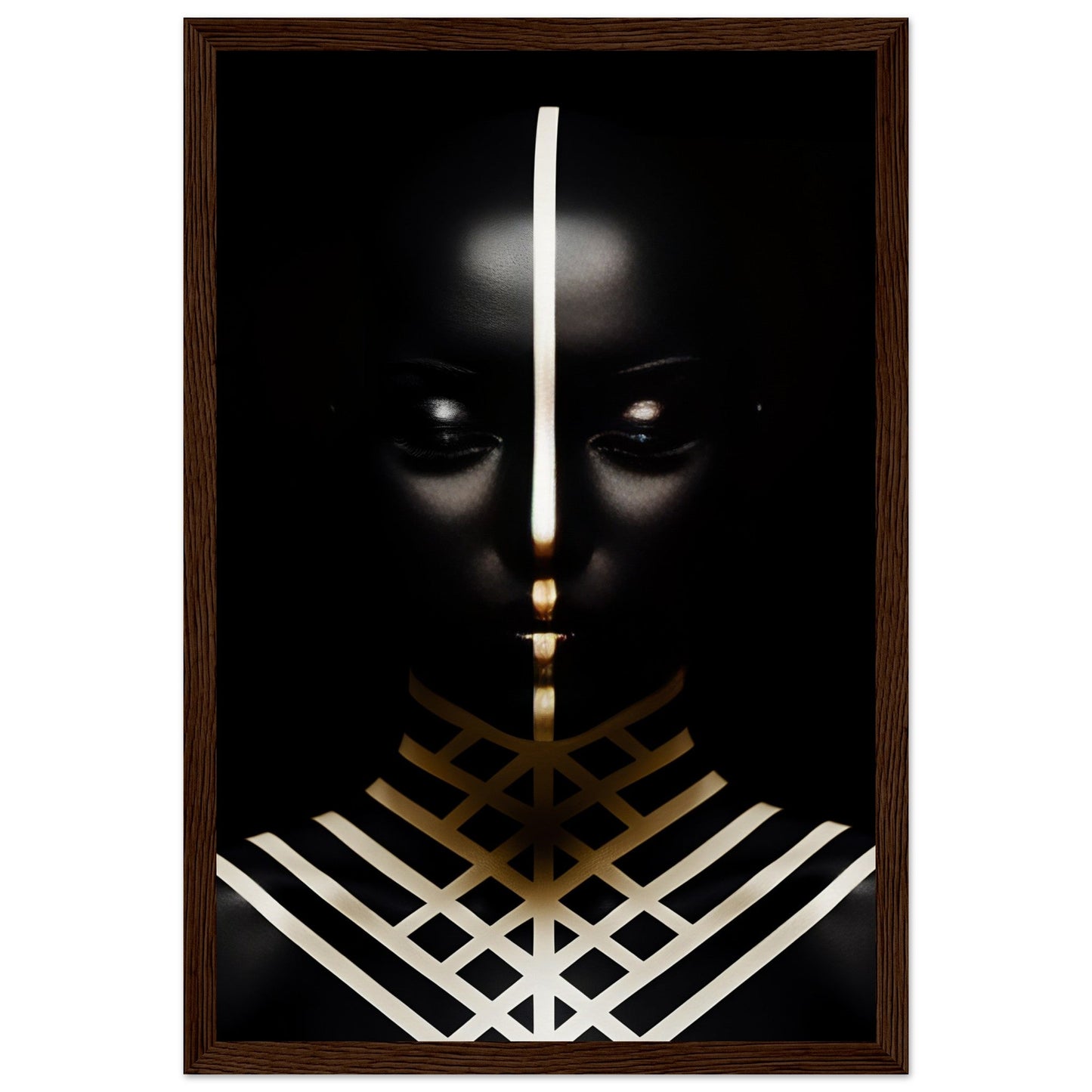 Dark silhouette with glowing eyes and geometric white and gold patterns.