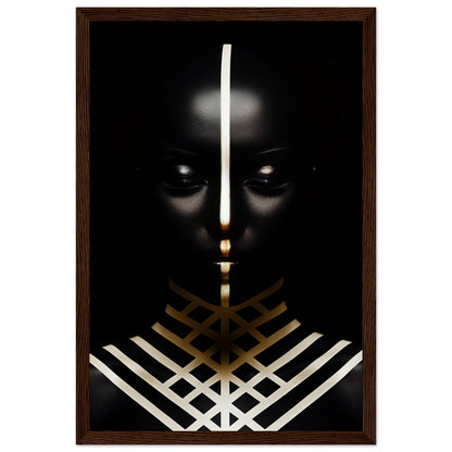 Dark silhouette with glowing eyes and geometric white and gold patterns.