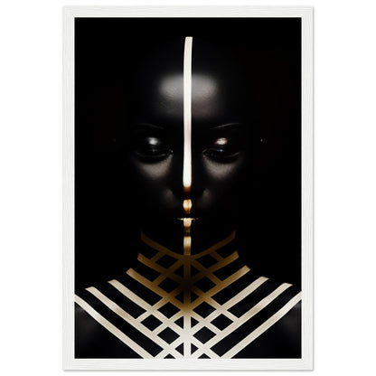 Dark silhouette with glowing eyes and geometric white and gold patterns.