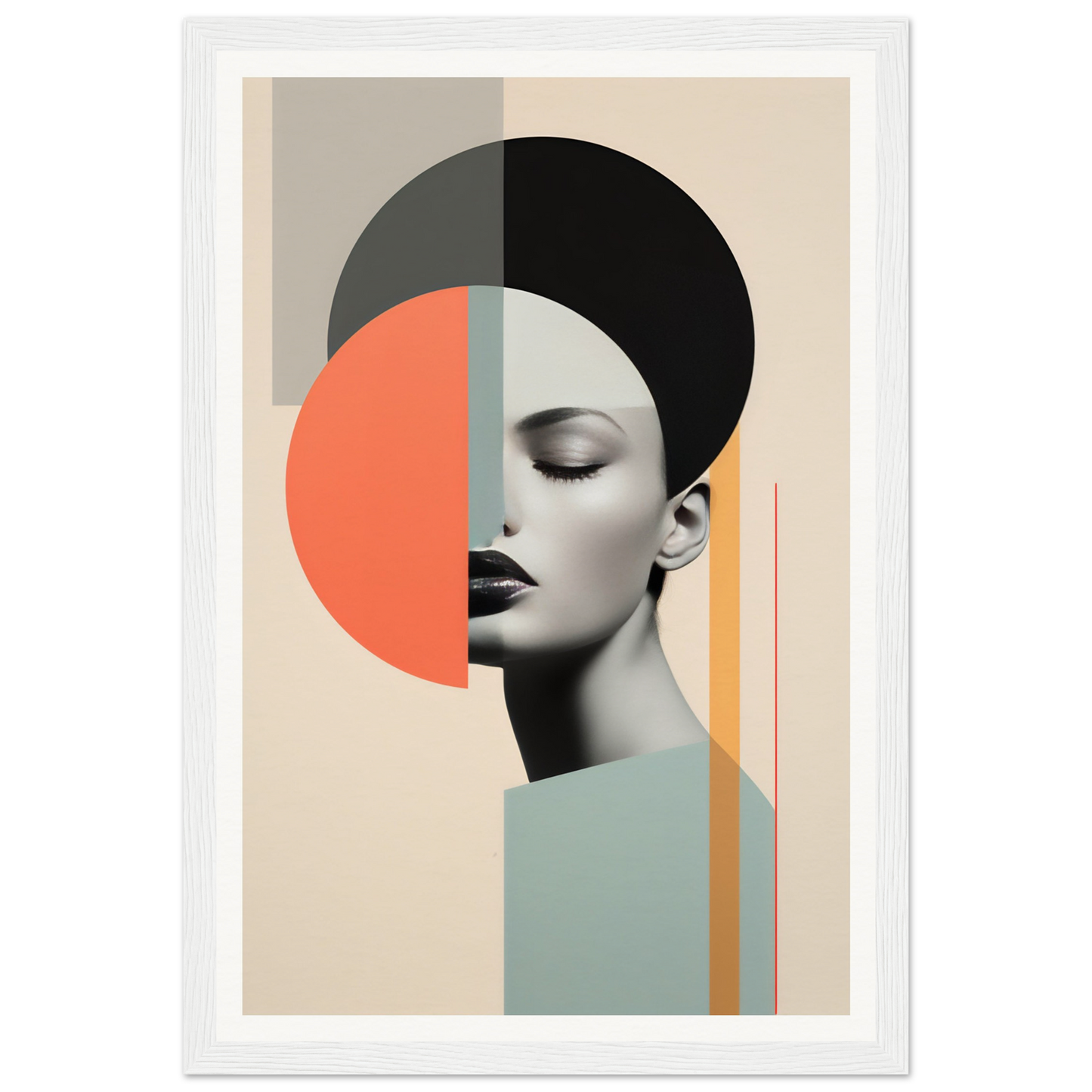 Abstract portrait combining geometric shapes with a partial photographic face profile.