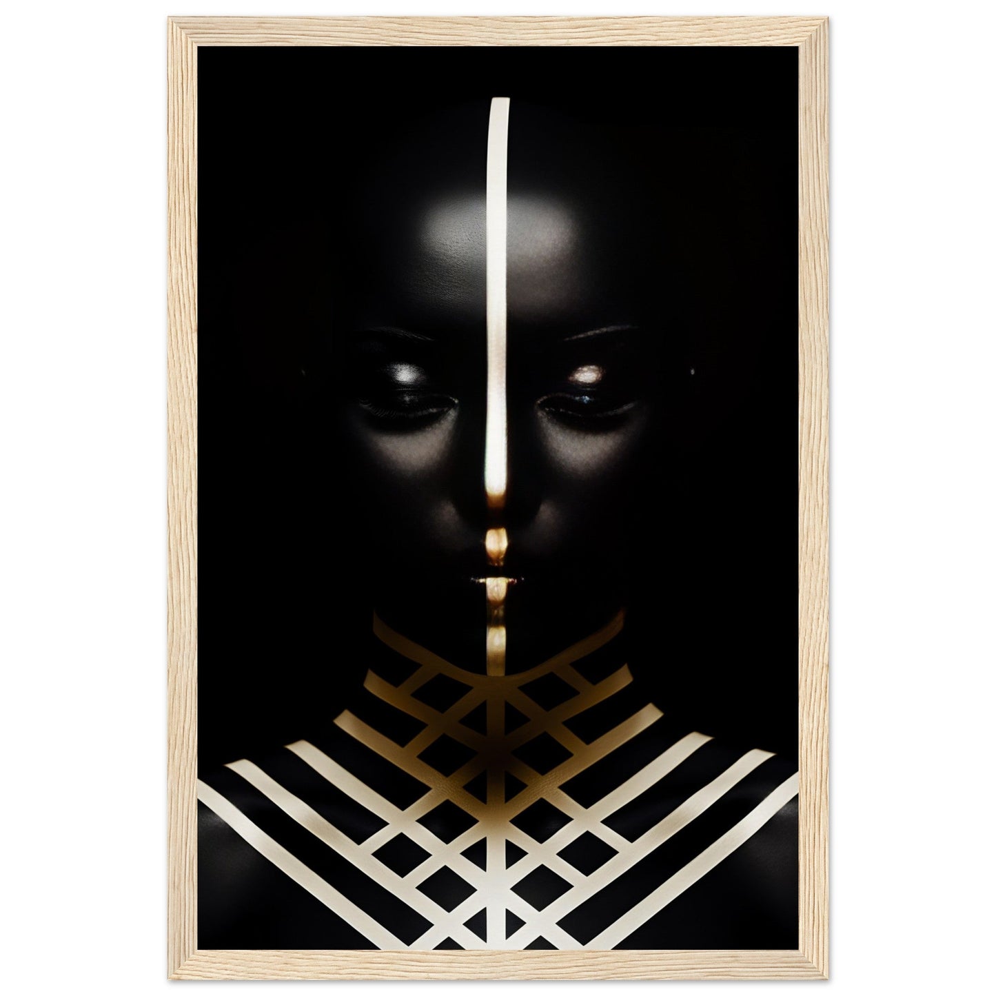 Dark silhouette of a face with glowing eyes and geometric white and gold patterns below.