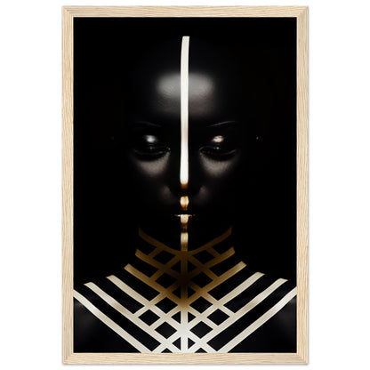 Dark silhouette of a face with glowing eyes and geometric white and gold patterns below.