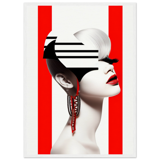 Stylized portrait of a figure with geometric shapes obscuring the eyes and bold red accents.