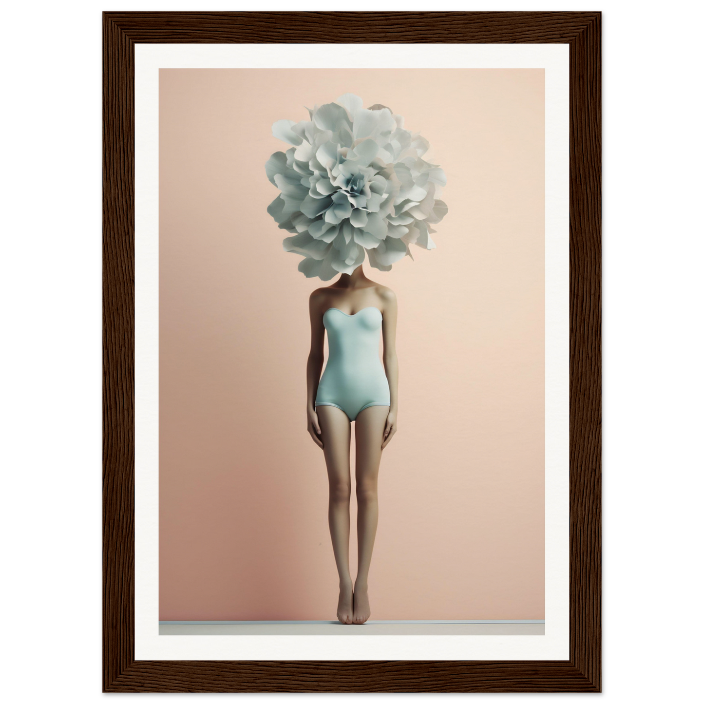 Surreal figure with a giant pale blue flower for a head, wearing a light blue bodysuit.