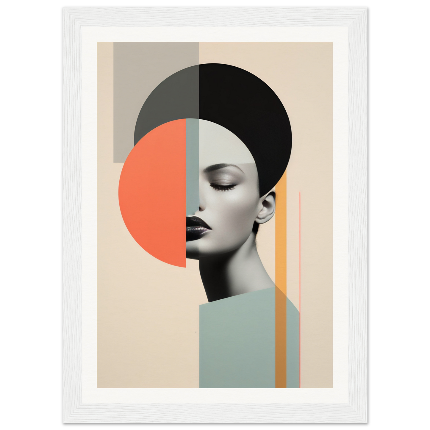 Abstract portrait combining geometric shapes with a partial photographic face profile.