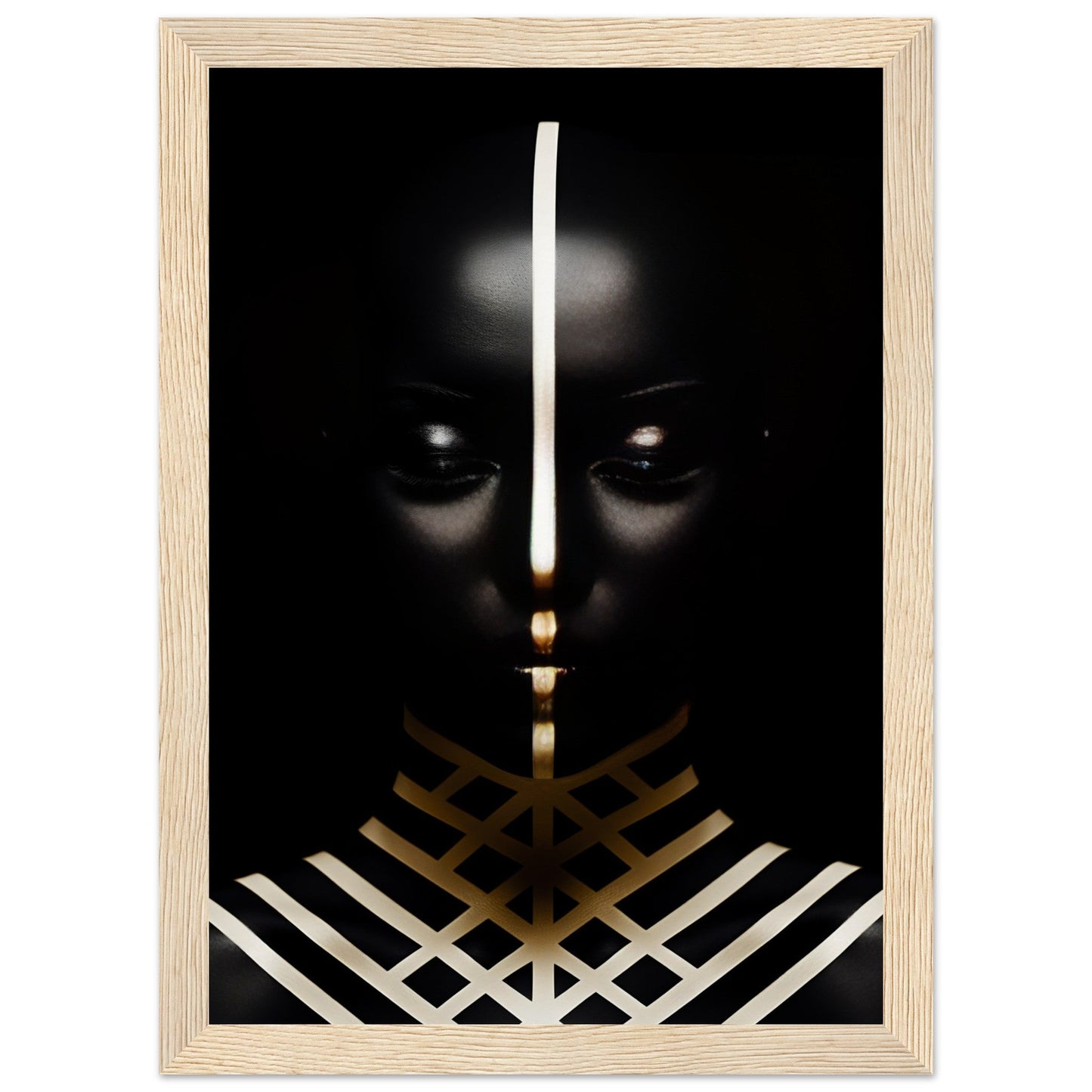 Striking artistic portrait featuring a dark face with glowing eyes and geometric gold and white patterns.