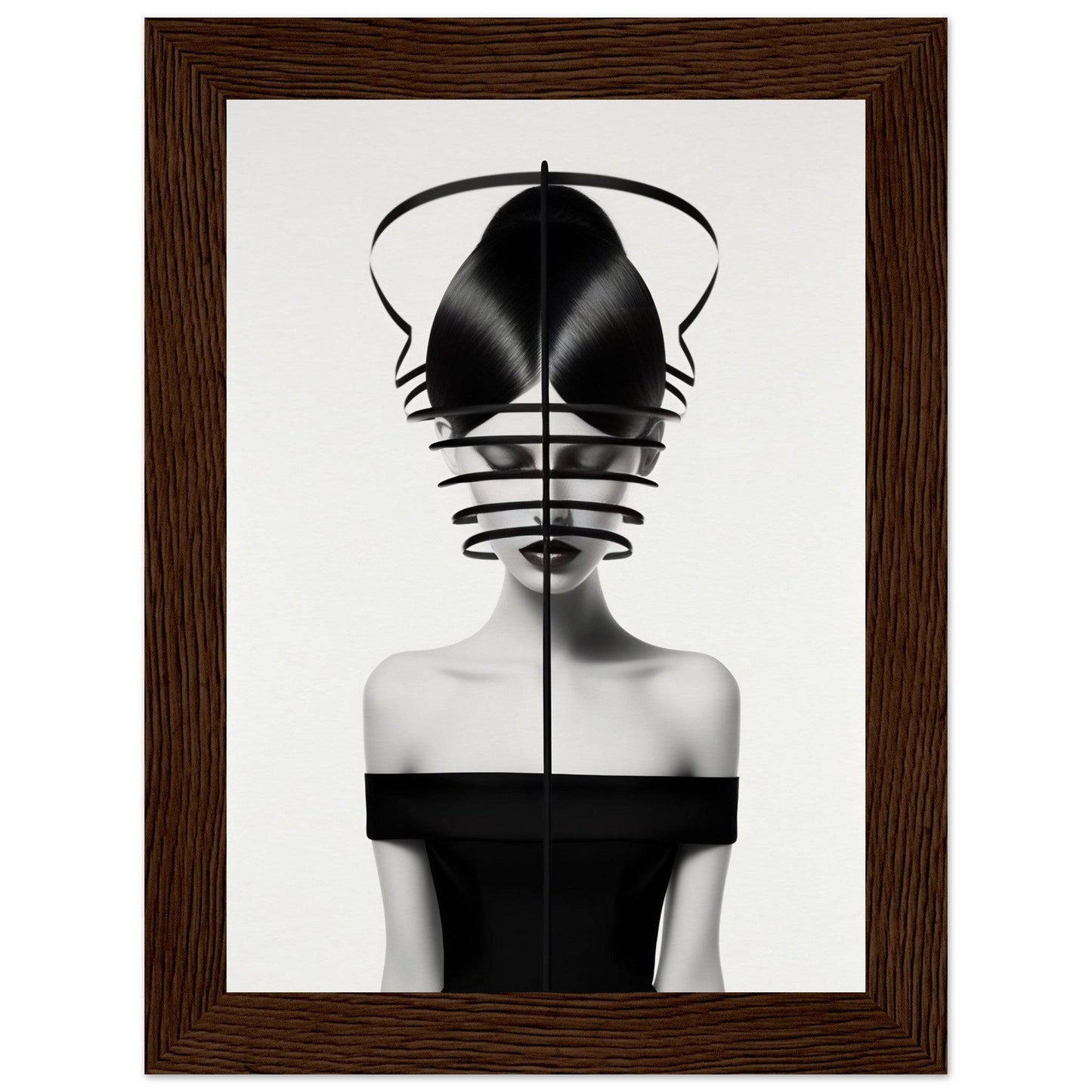 Surrealist black and white portrait featuring a figure with an abstract geometric headdress.