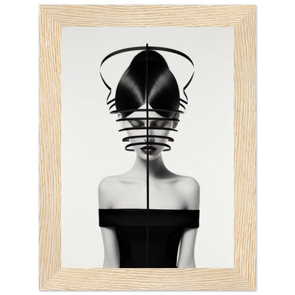 Surrealist black and white portrait of a figure with an abstract geometric headdress obscuring the face.