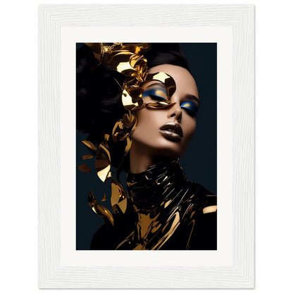 Striking portrait of a person adorned with golden metallic elements and dramatic makeup.