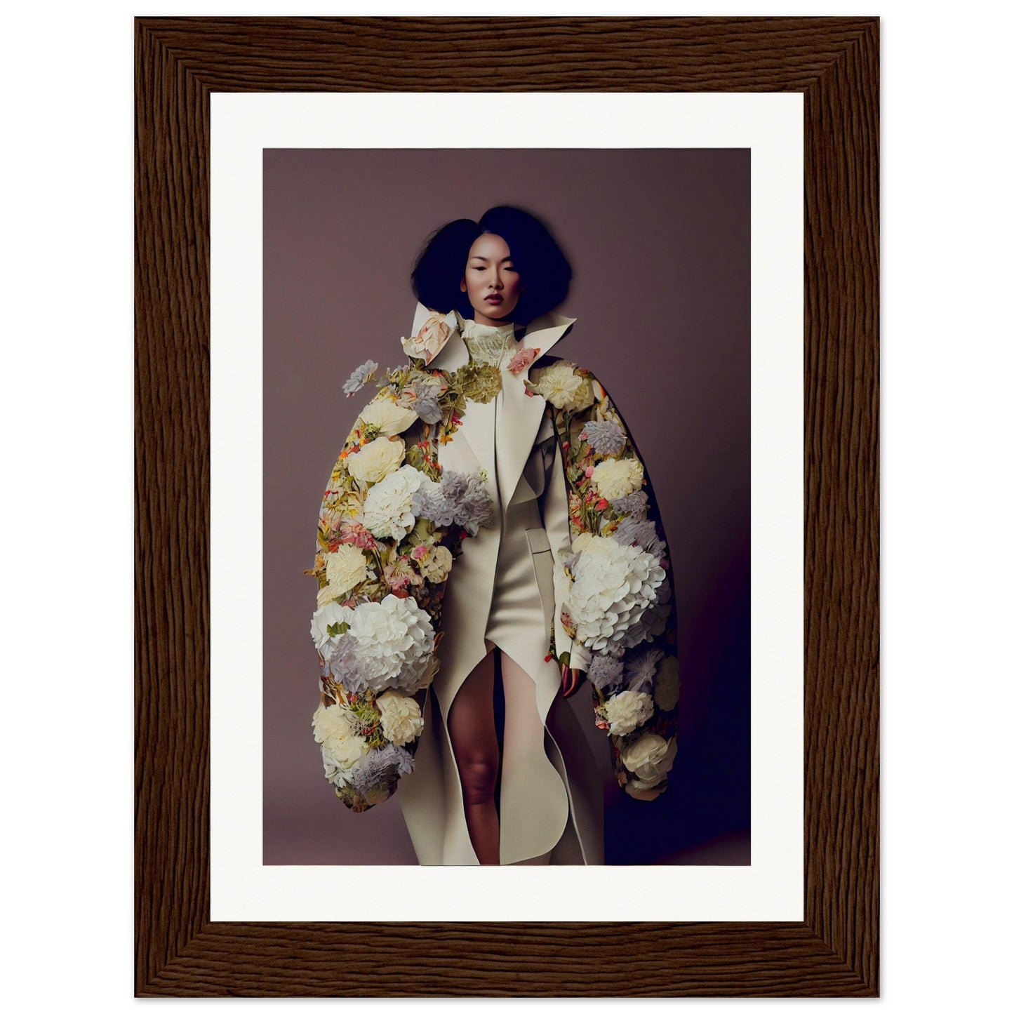 Framed photograph of a woman wearing an elaborate floral coat over a white dress.