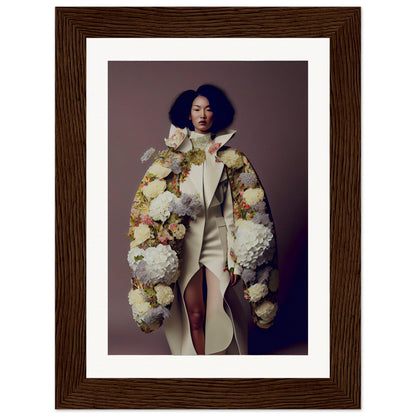 Framed photograph of a woman wearing an elaborate floral coat over a white dress.