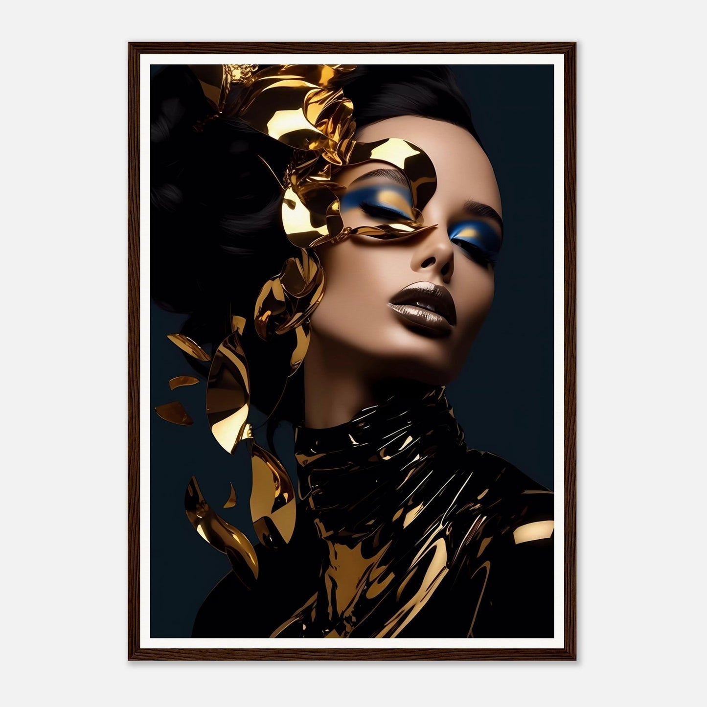 Striking portrait of a person wearing dramatic gold and blue makeup with metallic accents.