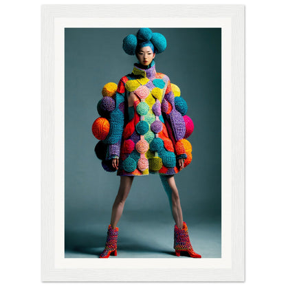 Colorful knitted dress adorned with vibrant pom-poms and matching accessories.