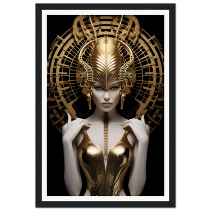 Ornate golden headdress and bodice adorning a pale figure with an enigmatic expression.