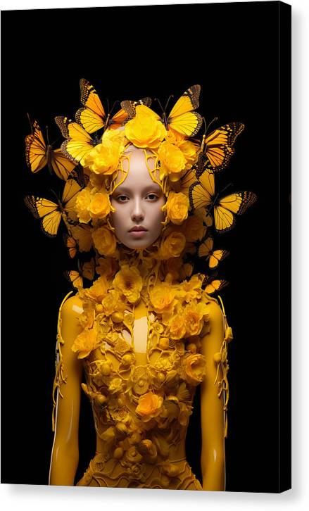 Woman adorned with vibrant yellow butterflies and flowers.