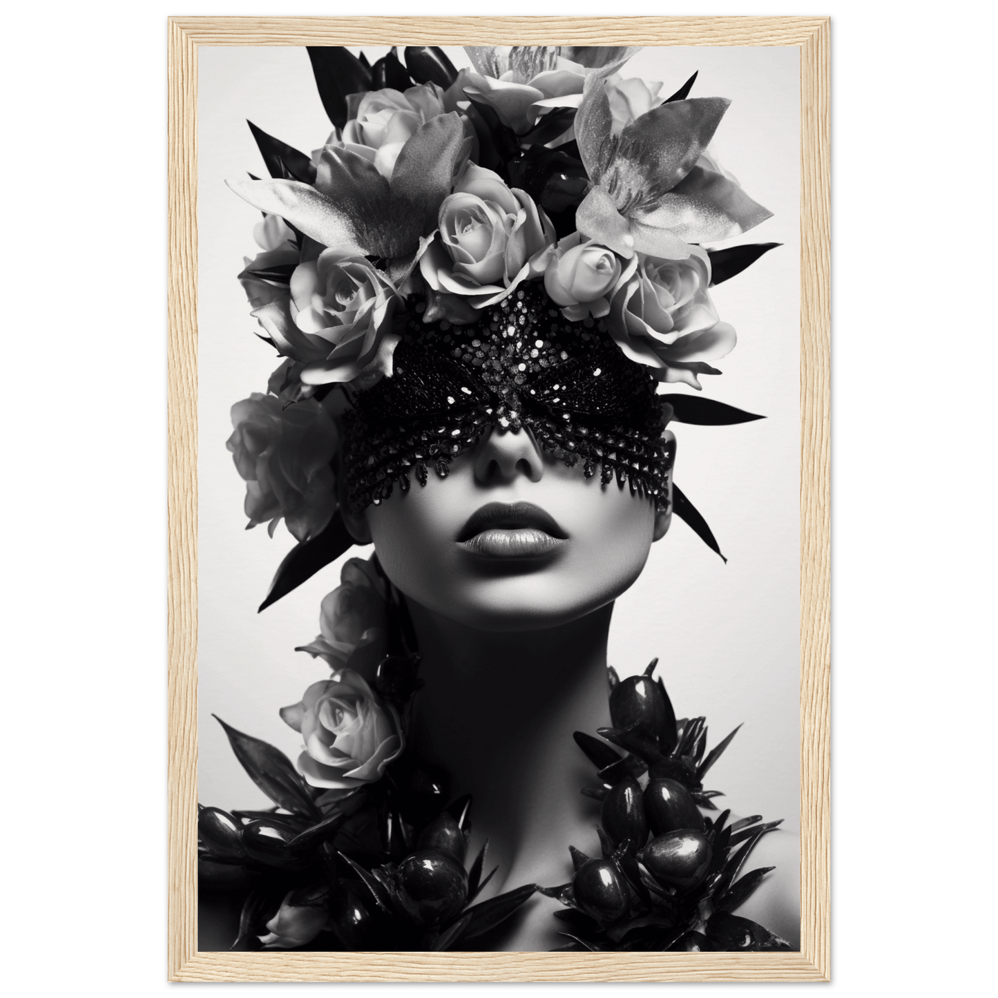 Artistic black and white portrait featuring a figure adorned with roses and a sparkling eye covering.