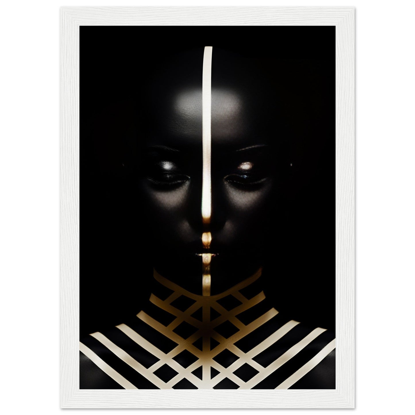 Dark silhouette of a face with glowing eyes and geometric gold and white patterns below.