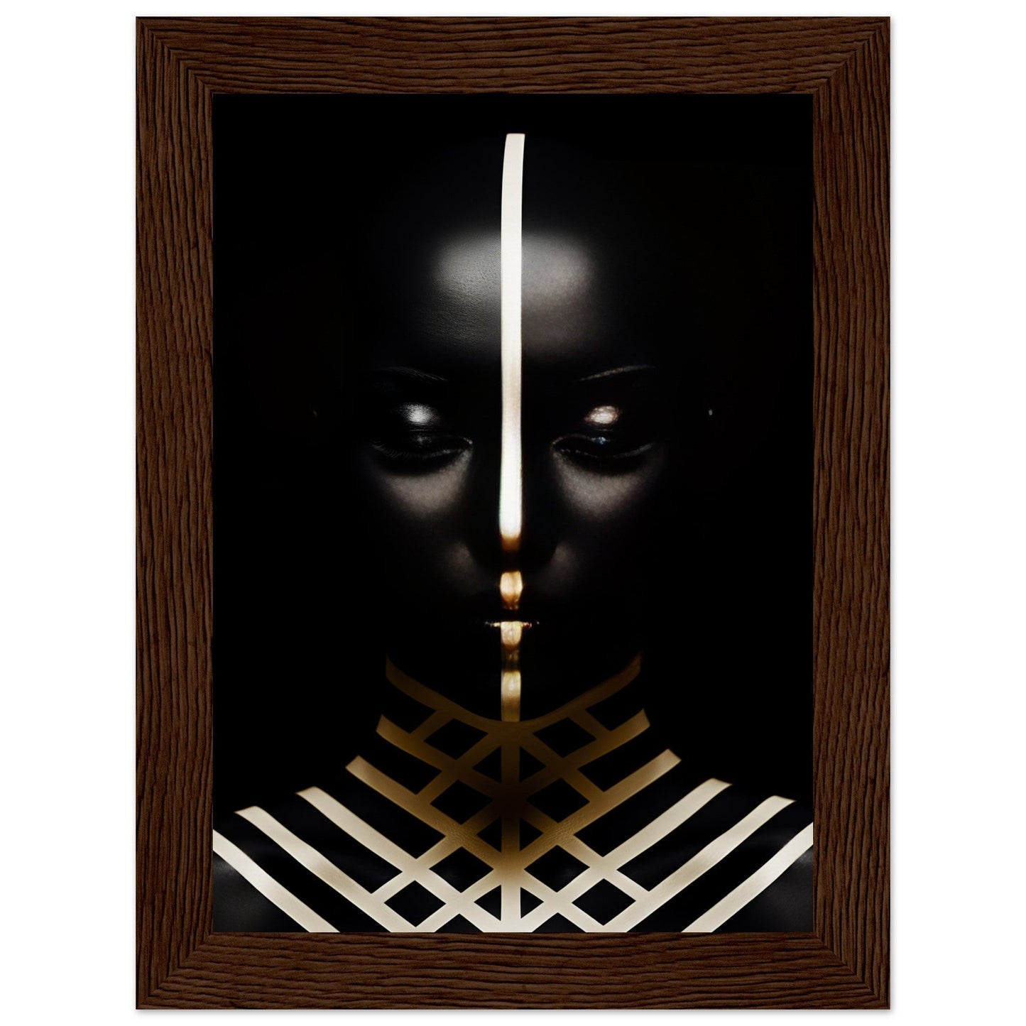 Dark silhouette with glowing eyes and geometric patterns in white and gold.