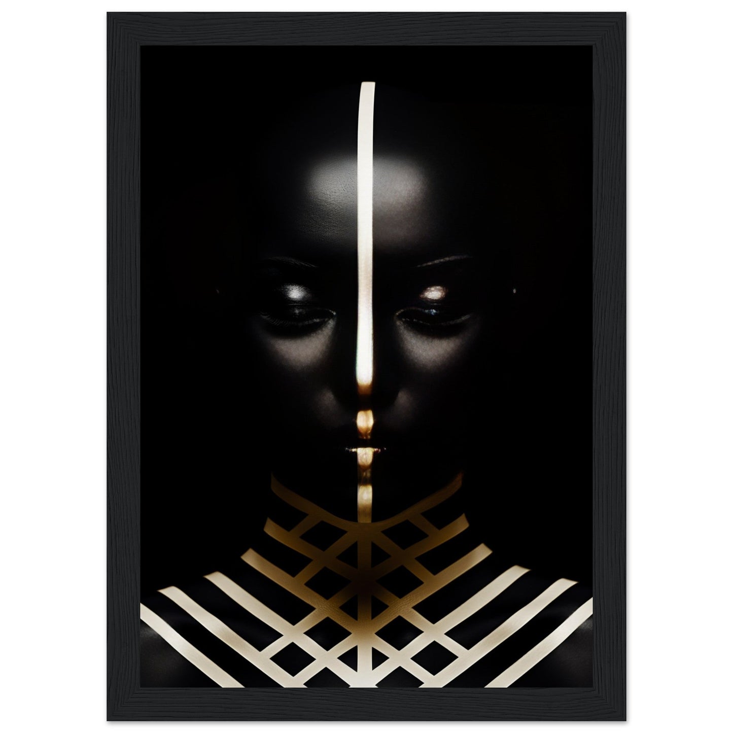 Dark silhouette with glowing eyes and geometric gold and white patterns.