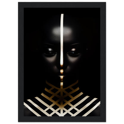 Dark silhouette with glowing eyes and geometric gold and white patterns.