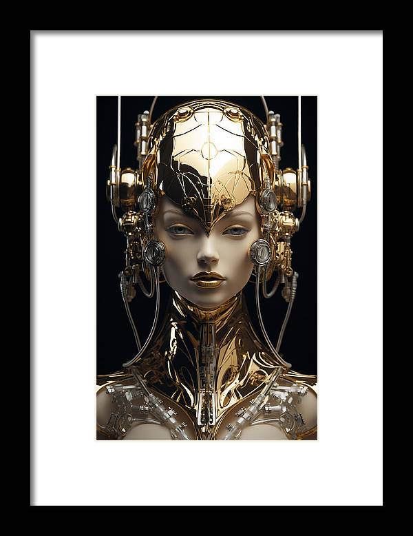 Futuristic humanoid figure with an ornate golden headpiece and cybernetic enhancements.