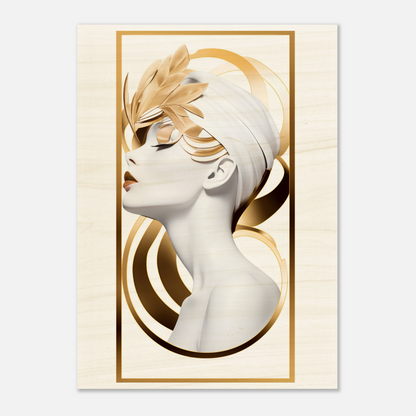 Stylized portrait of a woman with golden accents and feather-like elements in her hair.