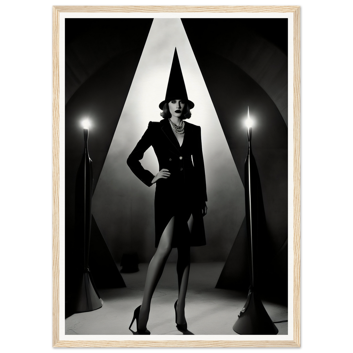 Stylishly dressed woman posing dramatically in a spotlight.