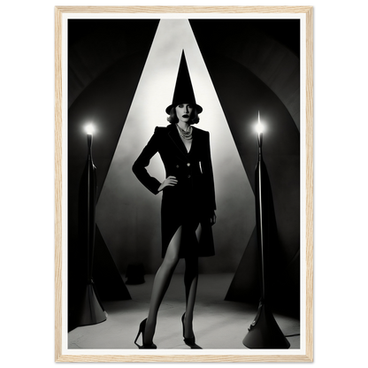 Stylishly dressed woman posing dramatically in a spotlight.