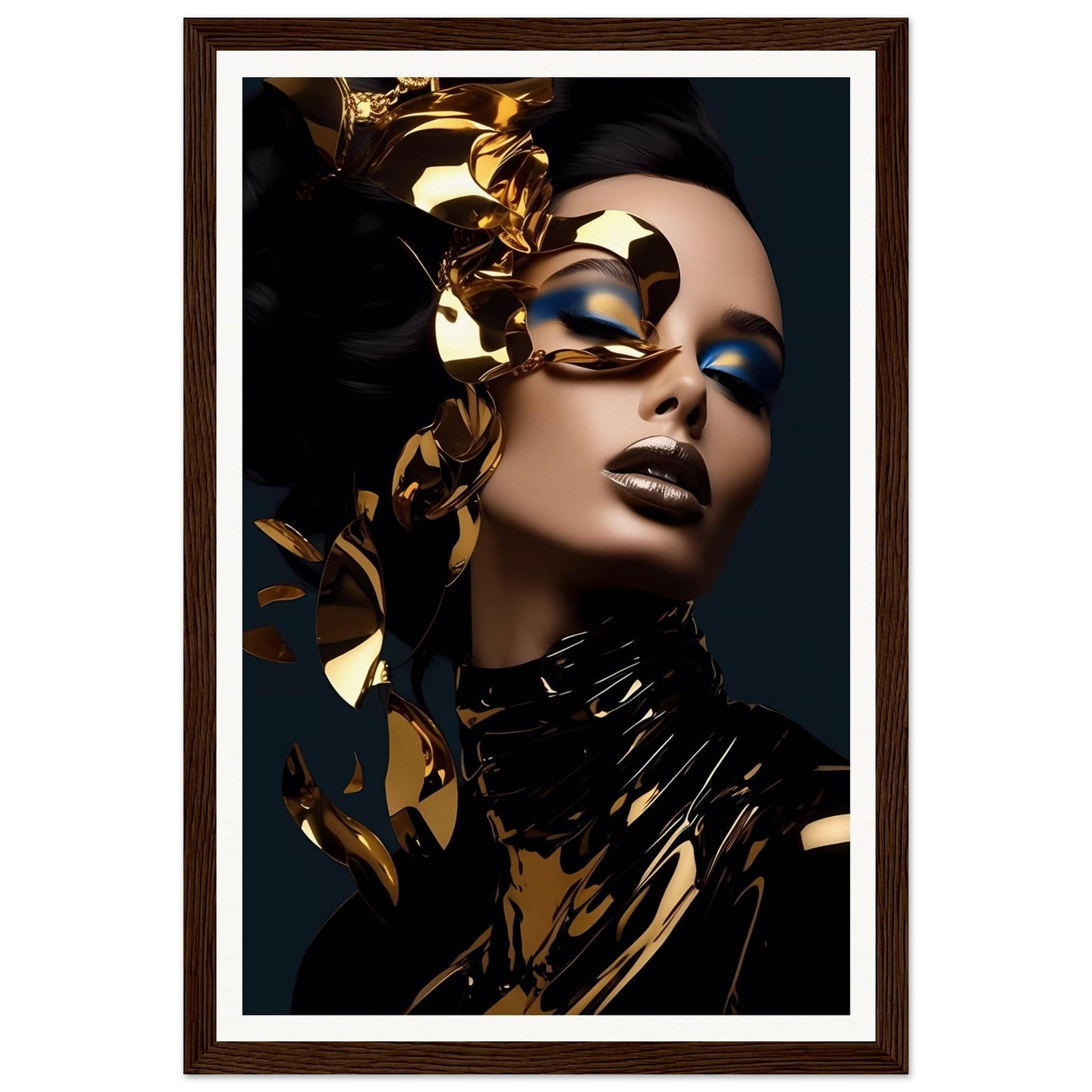 Portrait of a person wearing dramatic gold and black makeup with metallic accents.