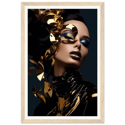 Portrait of a woman with dramatic gold and black makeup and accessories against a dark background.