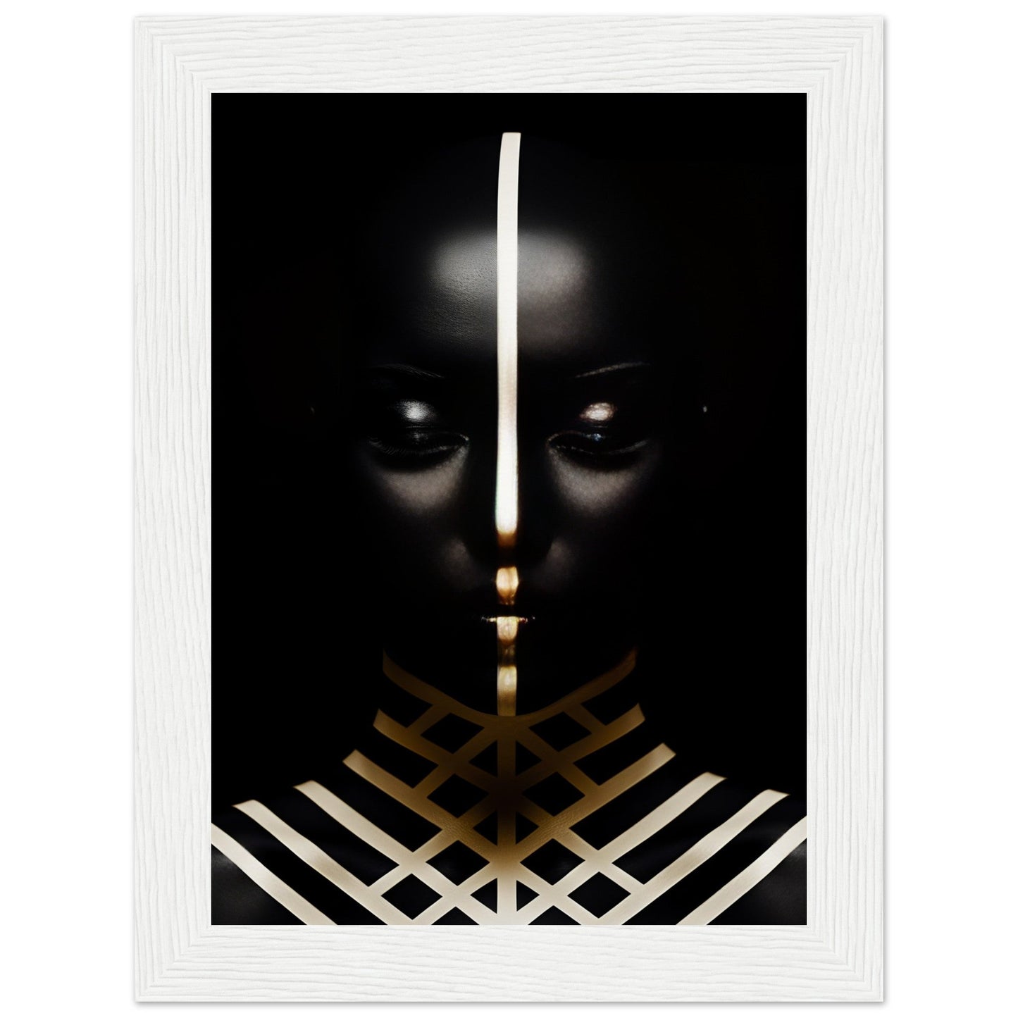 Dark silhouette with glowing eyes and geometric gold and white patterns.