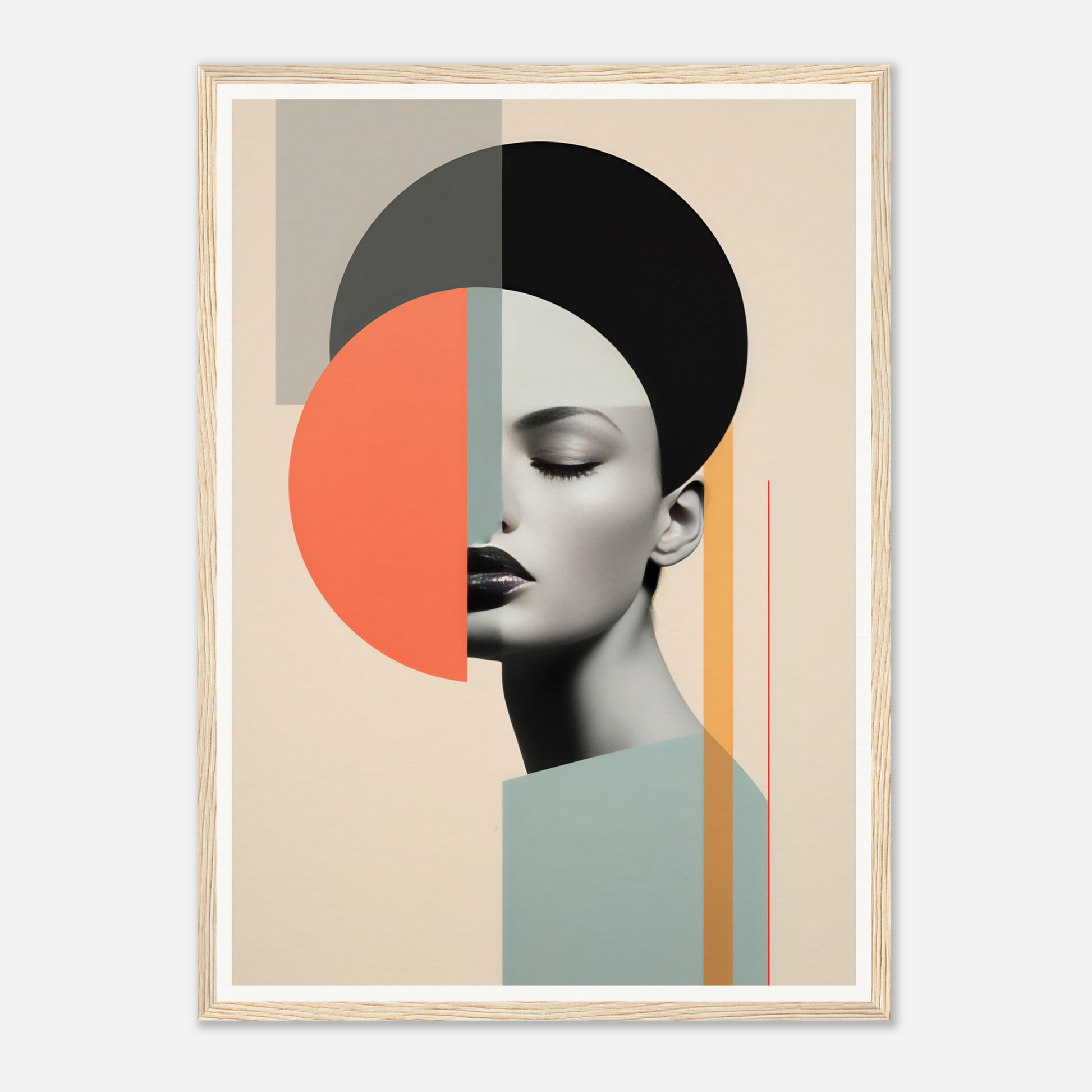 Abstract portrait combining geometric shapes with a partial photographic face profile.