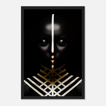 Striking portrait featuring a dark-skinned figure with glowing eyes and geometric white and gold patterns across the chest and face.