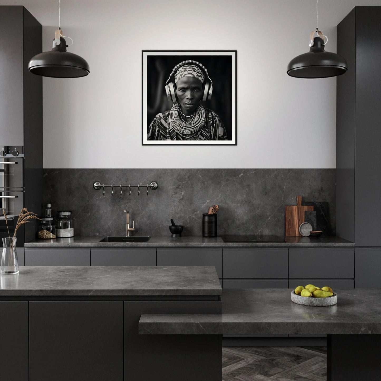 Modern dark gray kitchen with industrial lights and a museum-quality framed poster