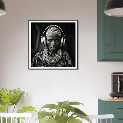 Black and white museum-quality framed poster of tradition meets tech with African neckpieces