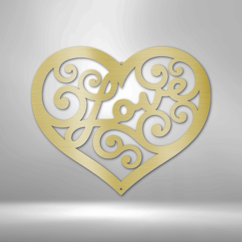 Gold heart-shaped ornament with ’Love’ written in cursive script and decorative swirls.