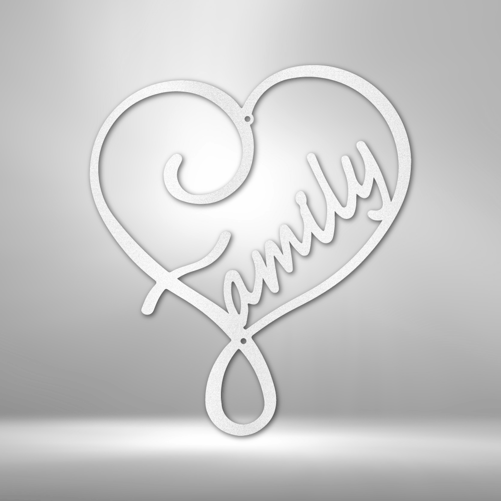 Heart-shaped design with ’Family’ written in cursive script.