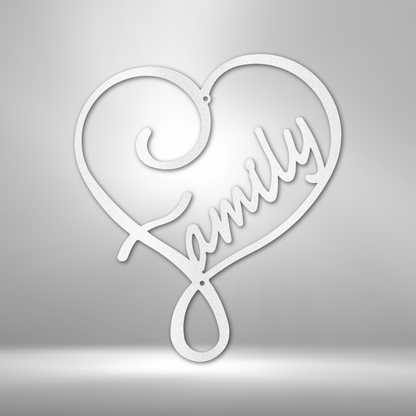 Heart-shaped design with ’Family’ written in cursive script.