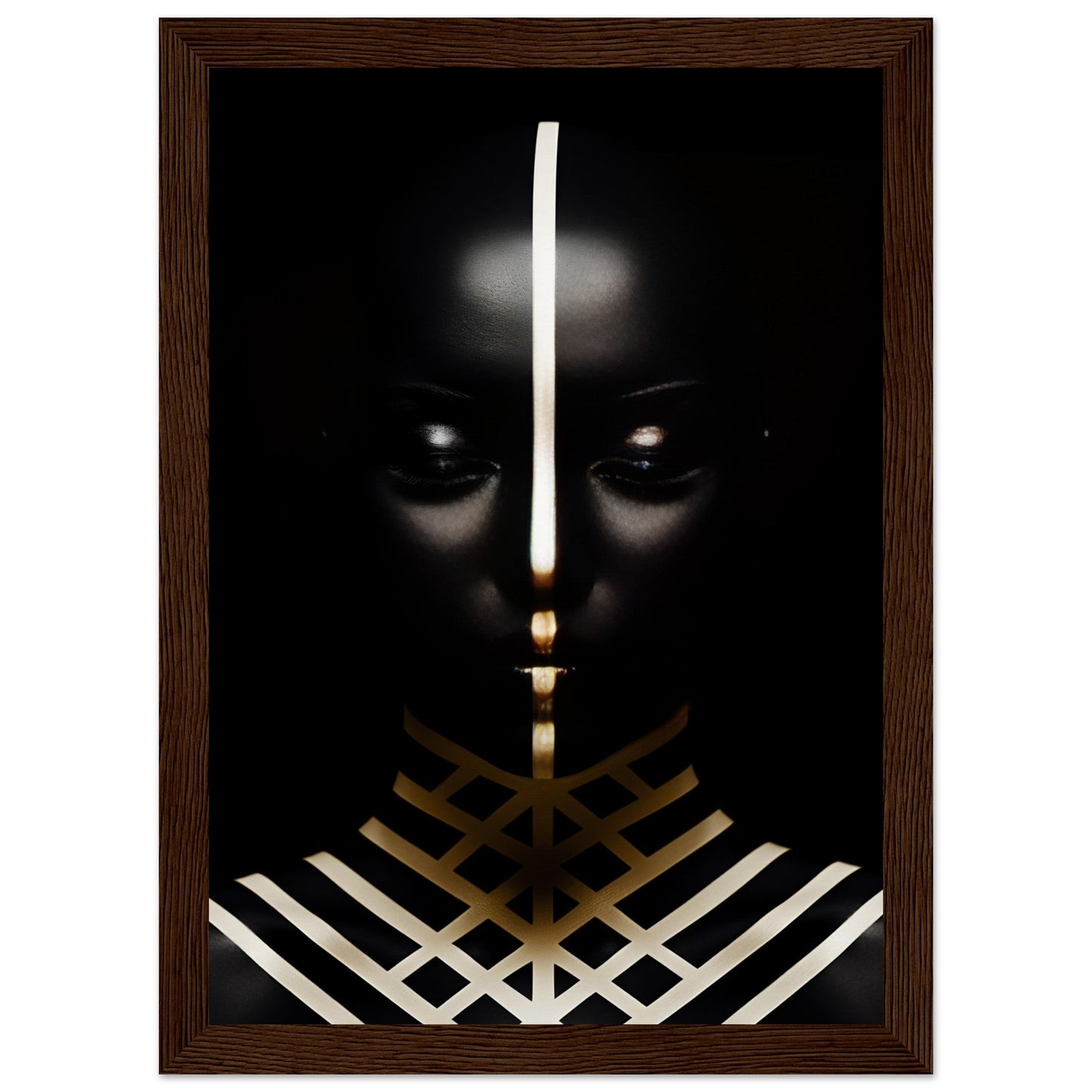 Dark silhouette with glowing eyes and geometric patterns in white and gold.