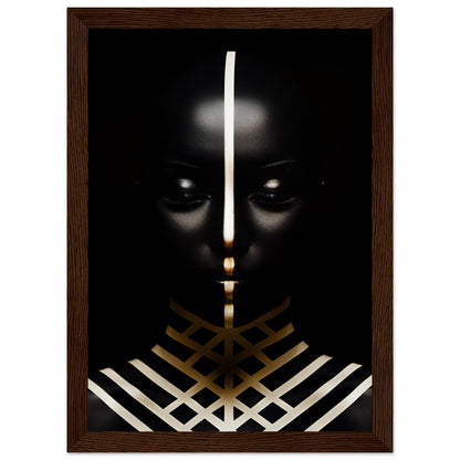 Dark silhouette with glowing eyes and geometric patterns in white and gold.