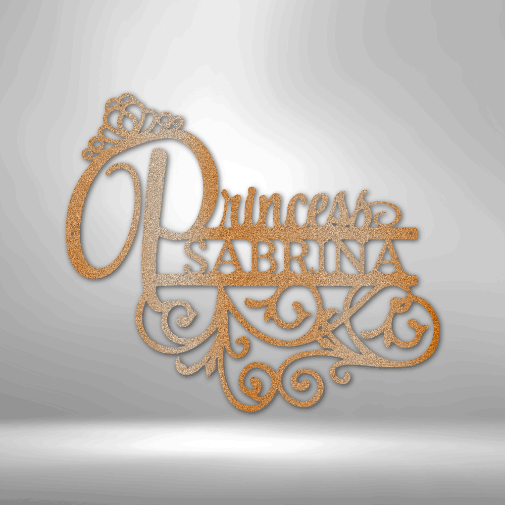 Ornate golden text design reading ’Princess Sabrina’ with decorative swirls and a crown.