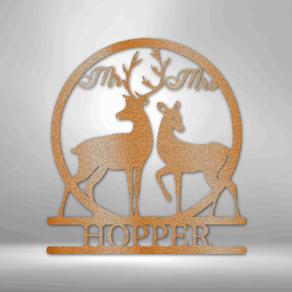 Decorative wooden sign featuring silhouettes of two deer and the name ’HOPPER’ at the bottom.