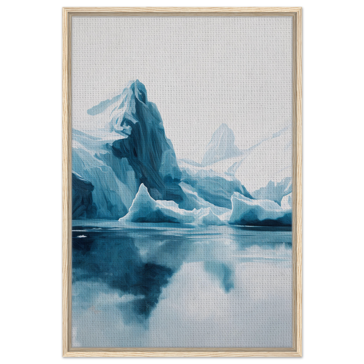 Jagged blue iceberg reflected in calm water for Iceberg Ecstasies framed canvas print