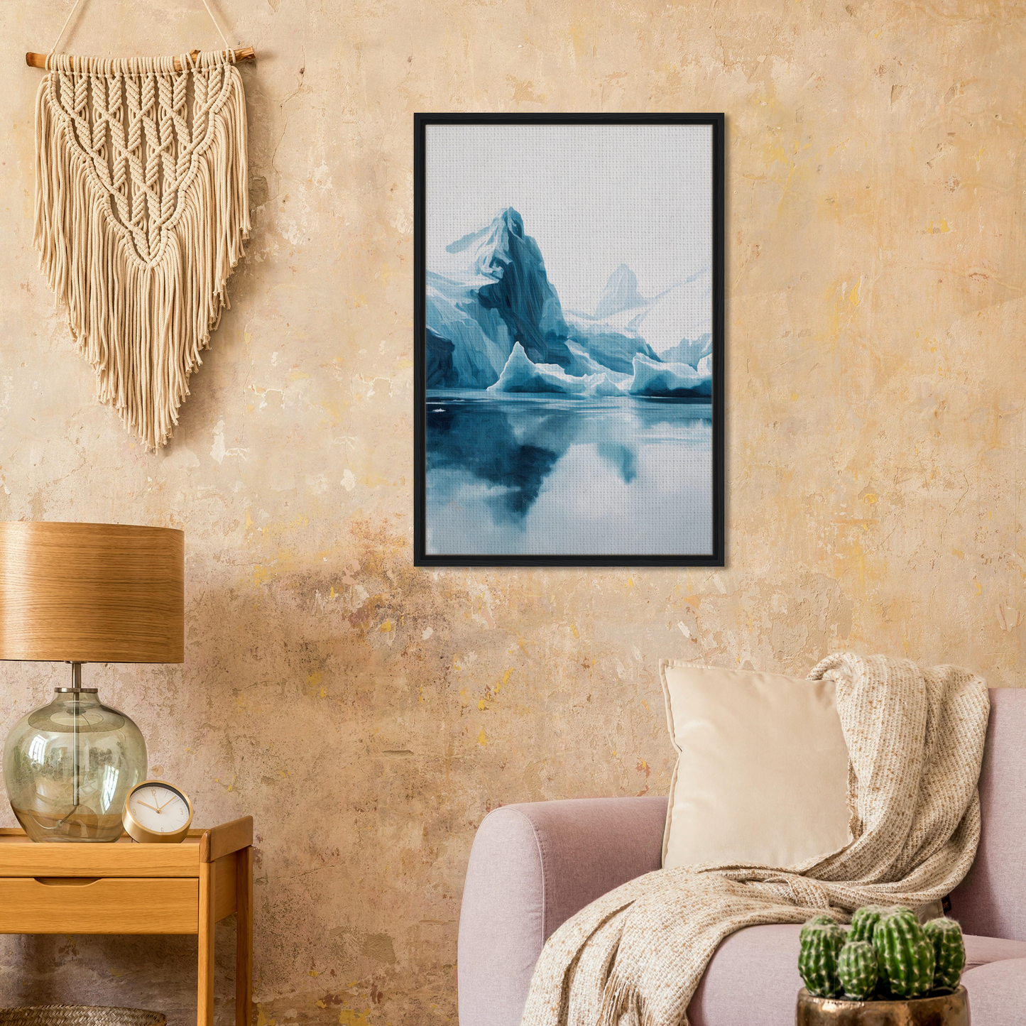 Framed painting of an iceberg reflected in water for Iceberg Ecstasies room decor