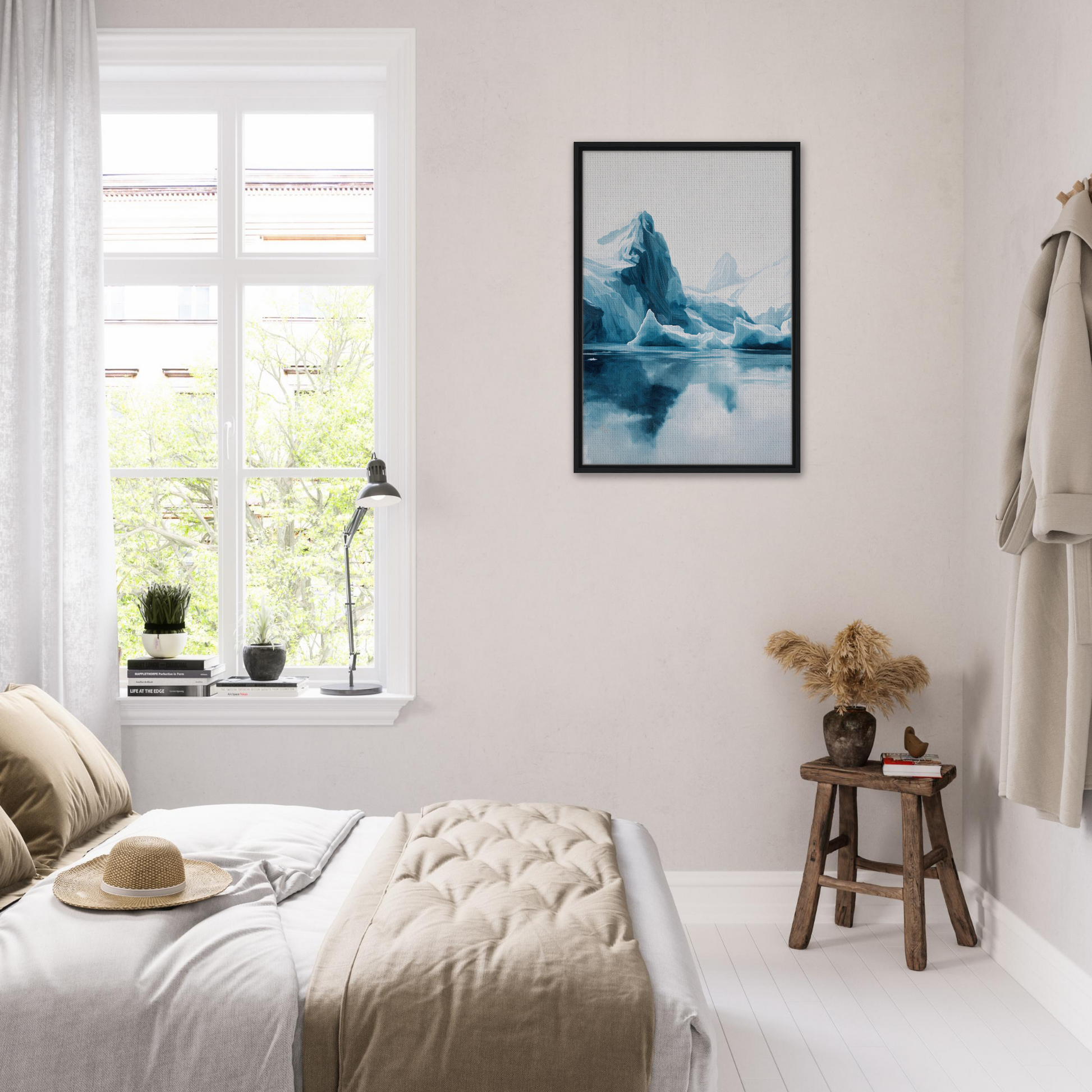 Serene bedroom featuring Iceberg Ecstasies decor and a framed iceberg painting