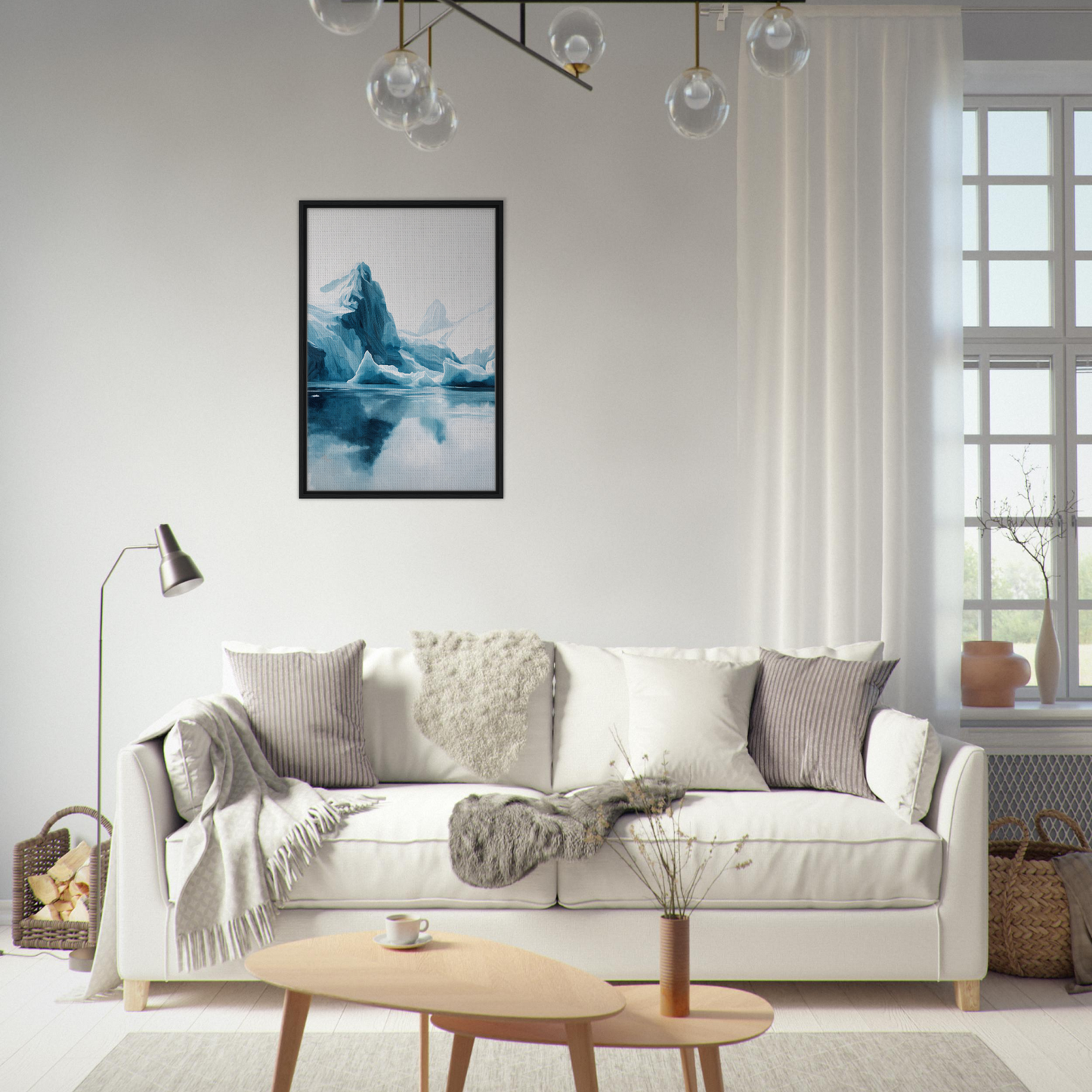 White sofa adorned with pillows and blankets from Iceberg Ecstasies for stylish room decor