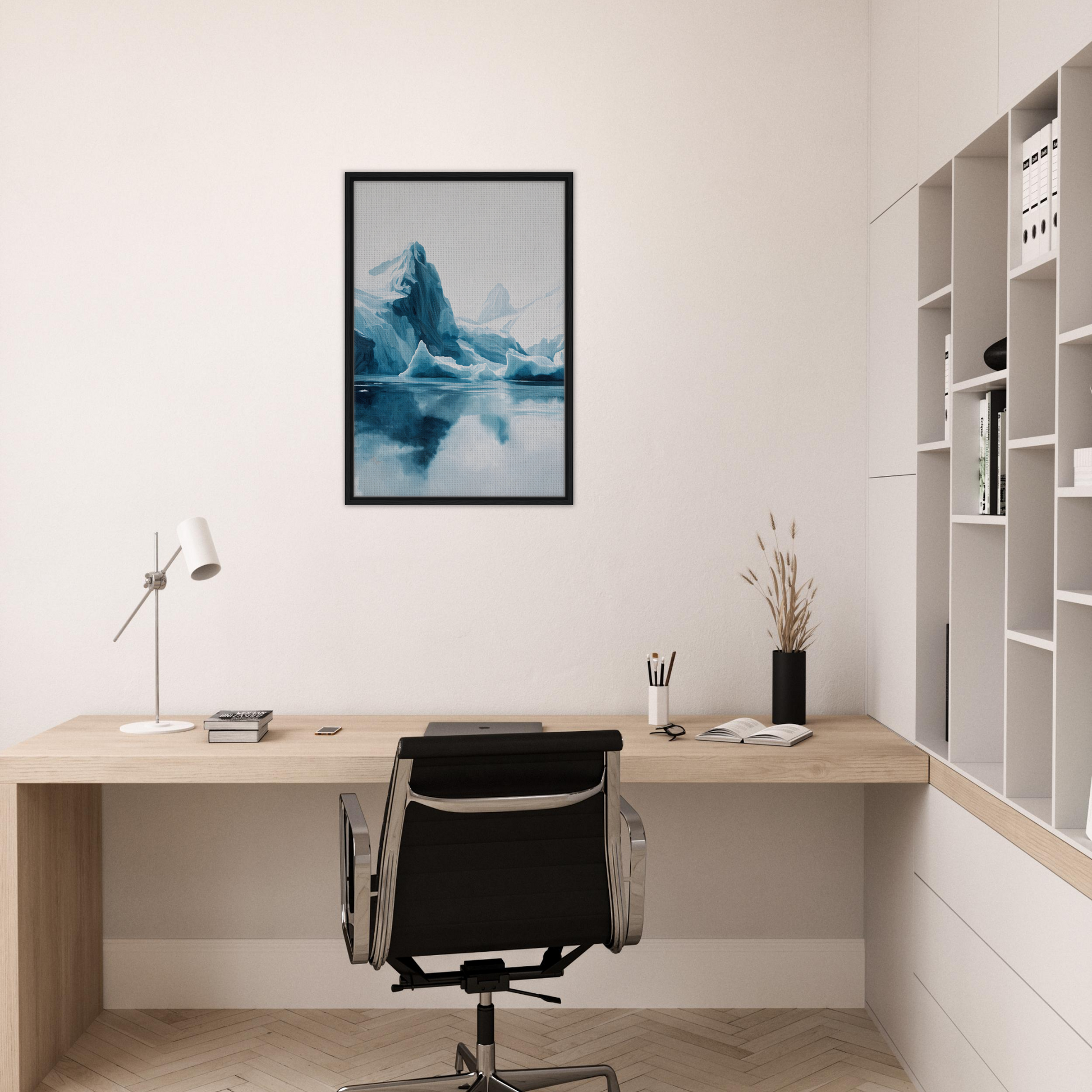 Minimalist home office featuring Iceberg Ecstasies artwork in stylish room decor