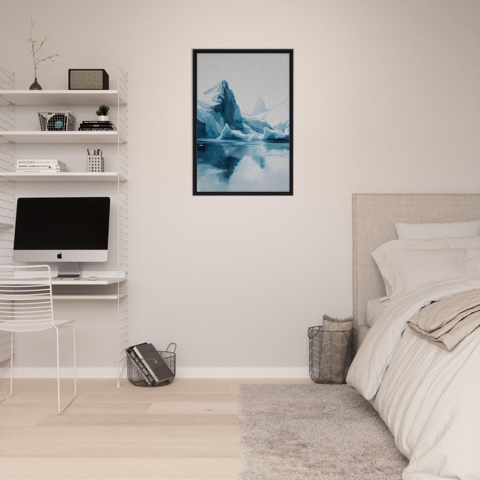 Framed artwork of a blue iceberg reflection for Iceberg Ecstasies room decor