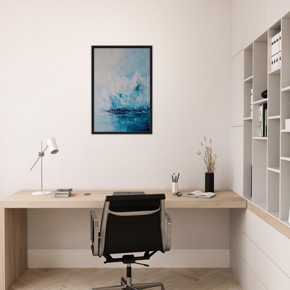 Minimalist home office featuring Iceberg Elegy framed canvas print and wooden desk